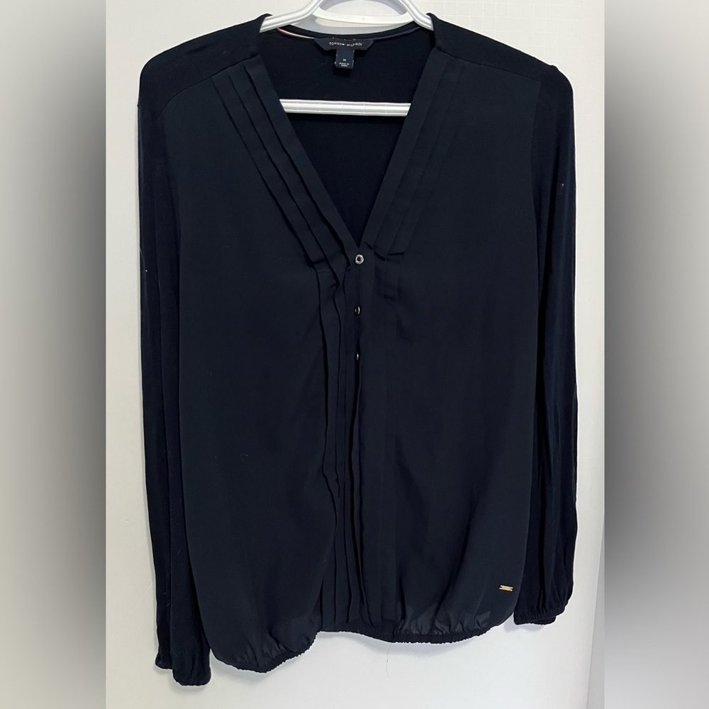 Tommy Hilfiger Navy Pintuck V-Neck Bubble Hem Blouse